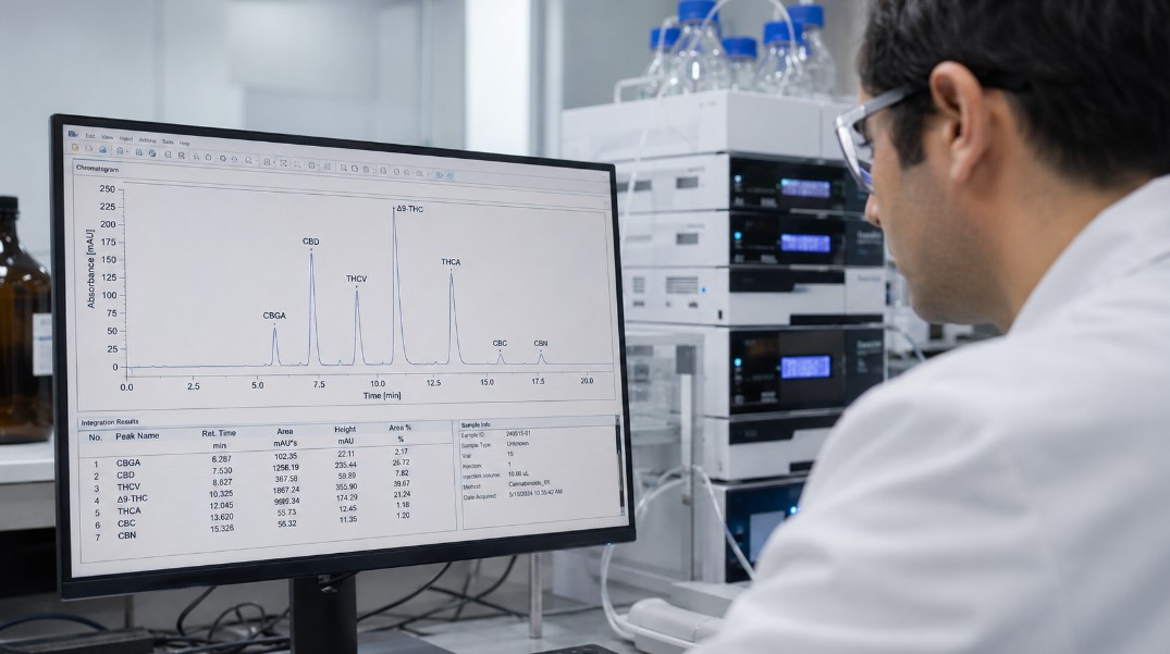 Cromatograma de THC y cannabinoides obtenido mediante análisis HPLC en Costa Rica